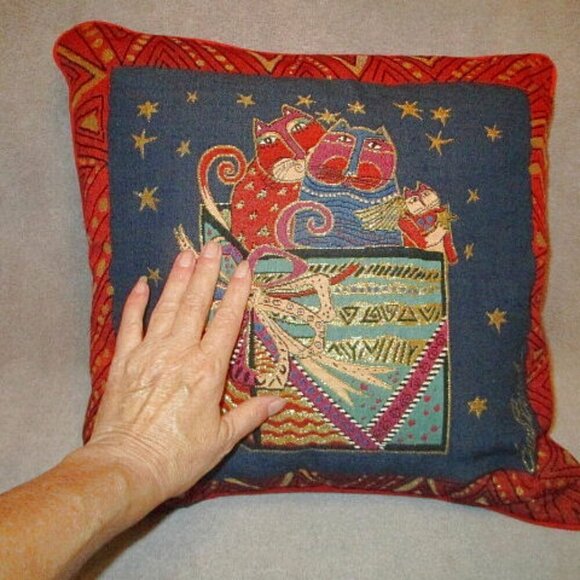 90s Vtg Laurel Burch Celestial Cats Tapestry Throw Pillow Reversible Velvet 18” - Picture 4 of 10